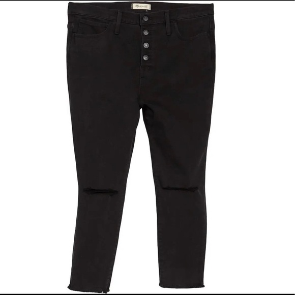 Madewell 10” High Rise Button Fly Jeggings Blown Out Knees 31P Black - Picture 4 of 16